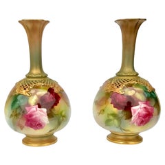 Beautiful Pair of Antique Royal Worcester Rose Painted Vases