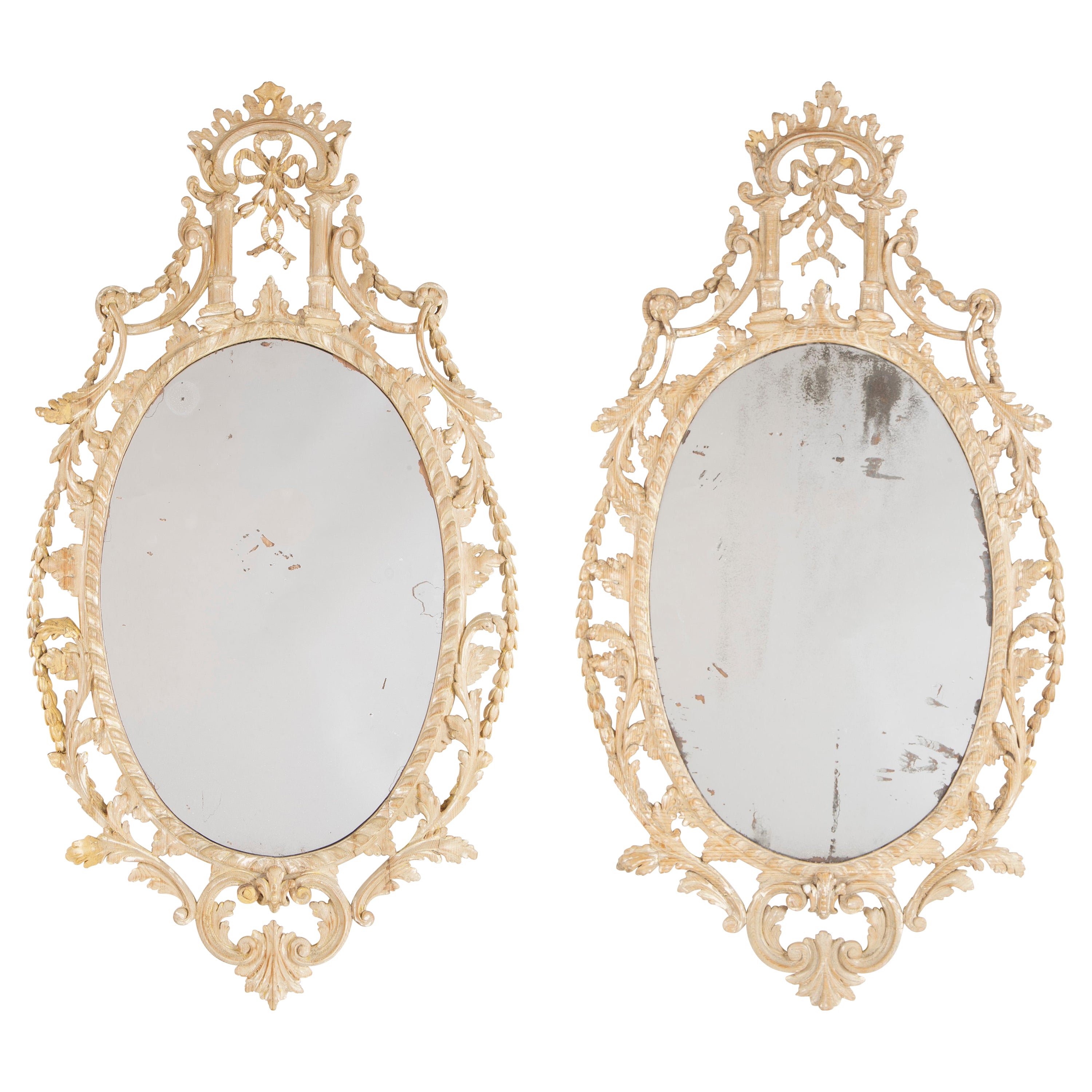 Pair 18th Century English Neoclassical Carved Cerused Pine Adam Style Mirrors 