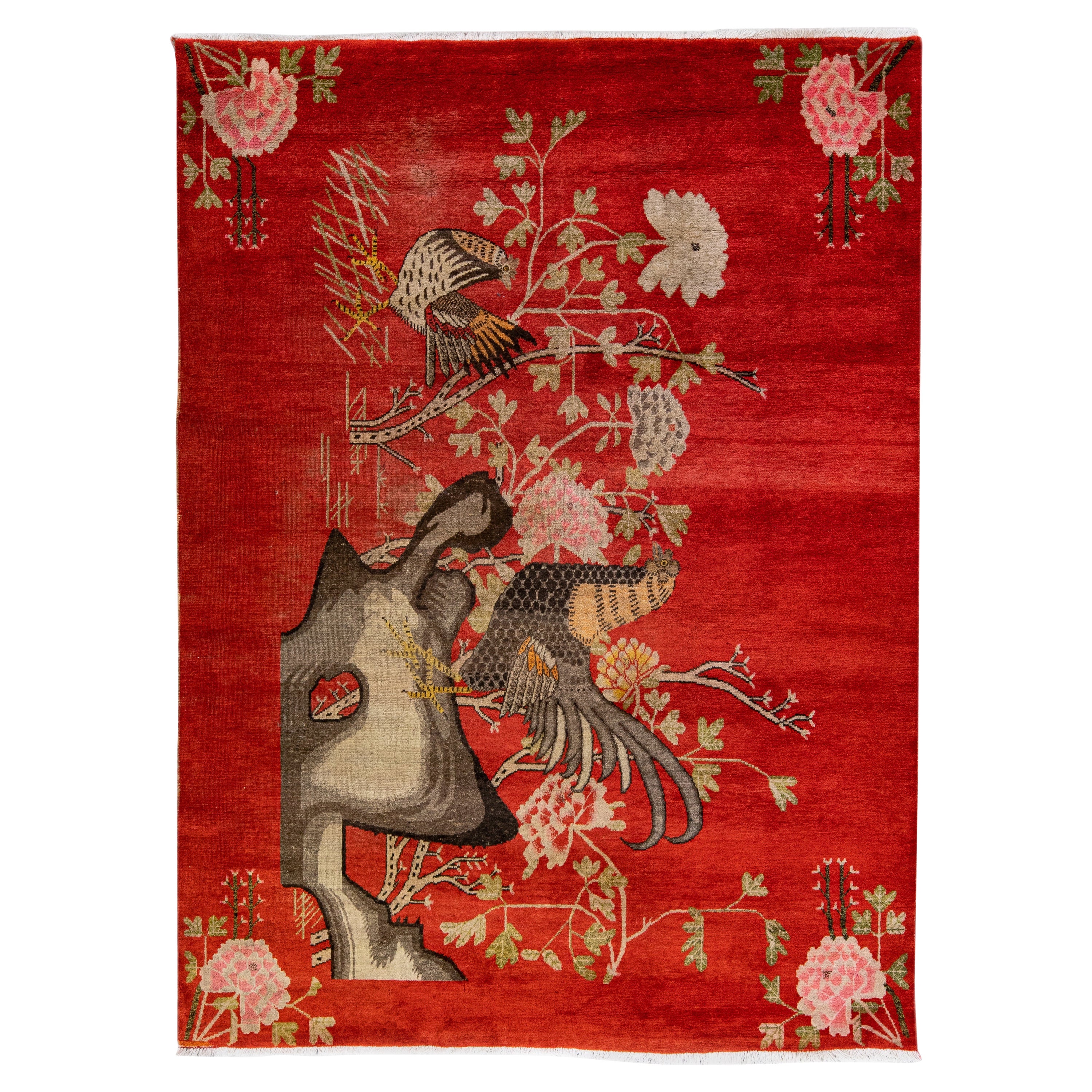 Red Antique 20th Century Samarkand Handmade Pictorial Motif Wool Rug