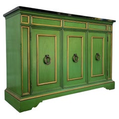 Vintage Hollywood Regency Marble Top Emerald Green Credenza with Gold Accents