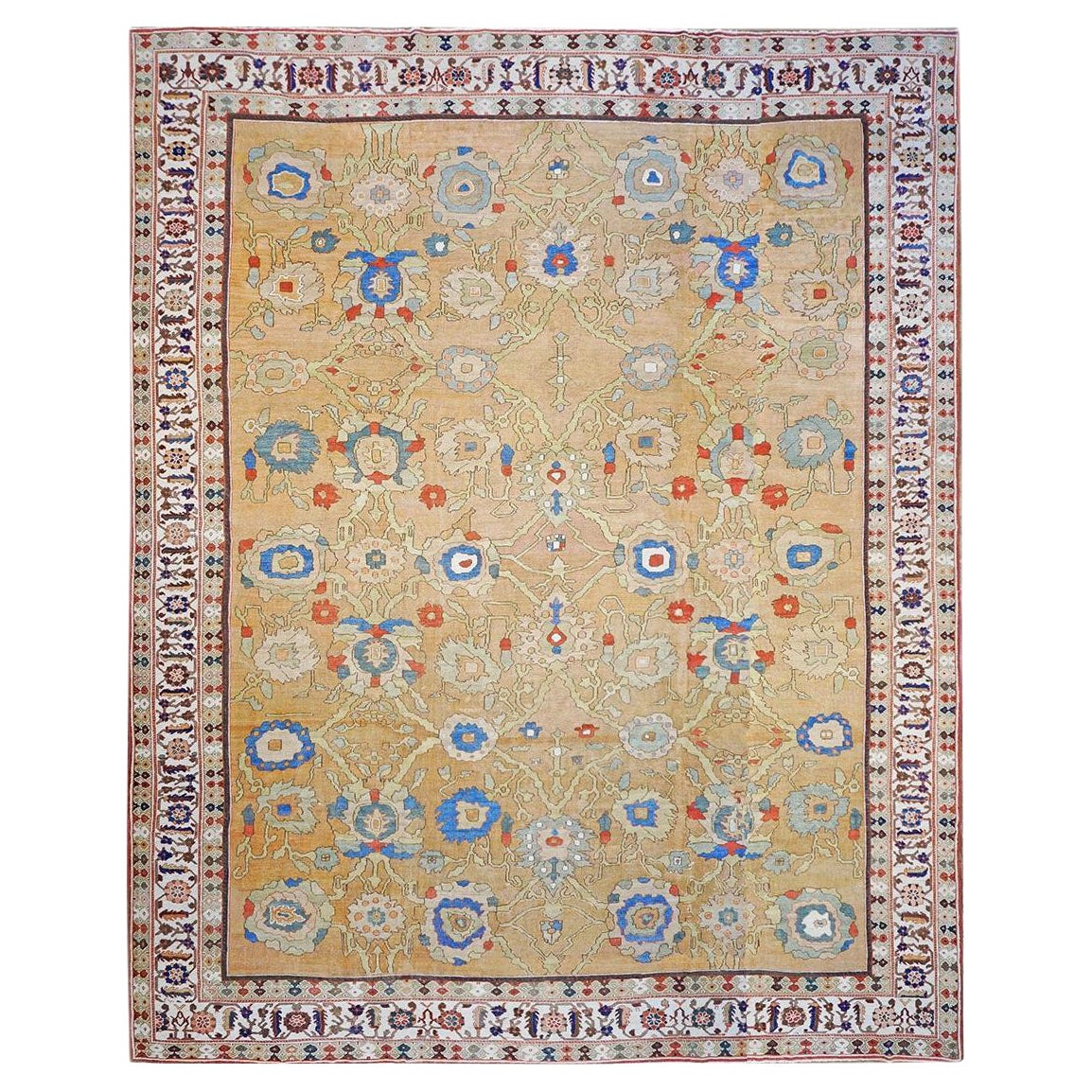 Antiker persischer Sultanabad-Teppich aus dem 19. Jahrhundert, 15x19, hellbraun, rostfarben und blau, handgefertigt