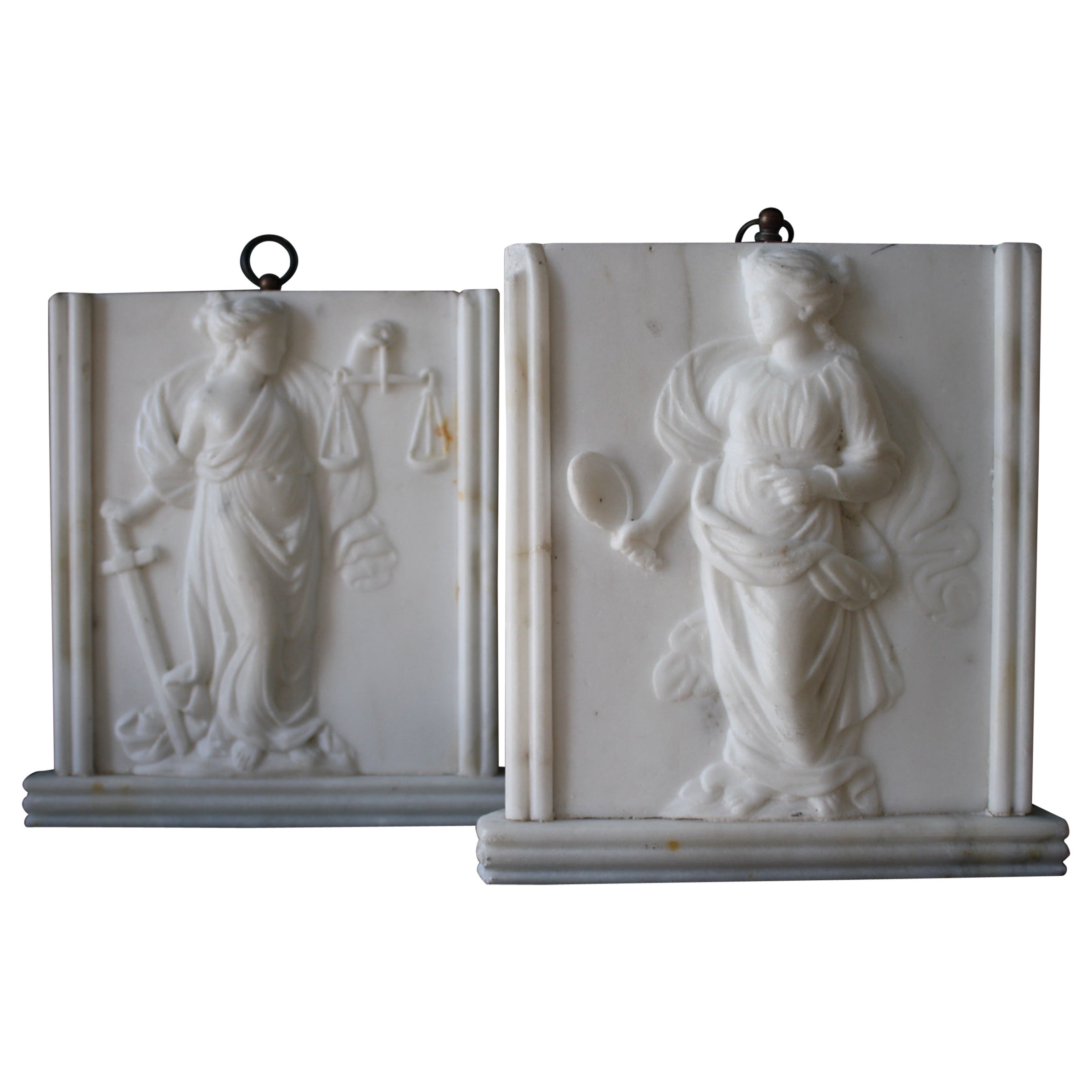 19th C Regency Adam Style Veritas & Themis Marble Goddess Tablets Grand Tour 