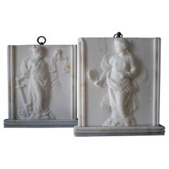 19th C Regency Adam Style Veritas & Themis Marble Goddess Tablets Grand Tour