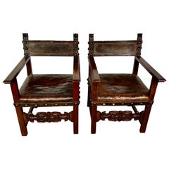 Pair of 19th C. Spanish Leather Armchairs