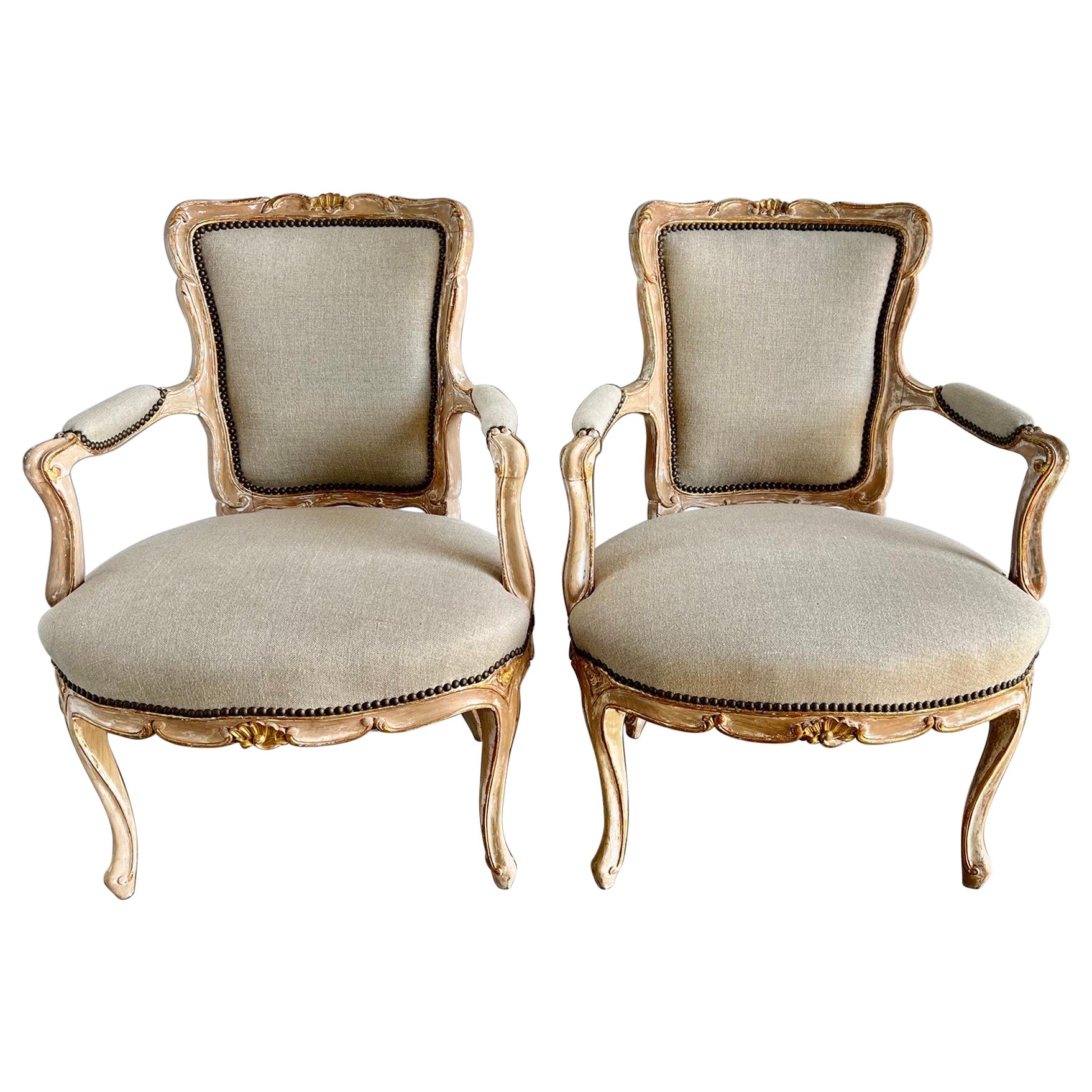 Pair of French Painted Louis XV Style Armchairs