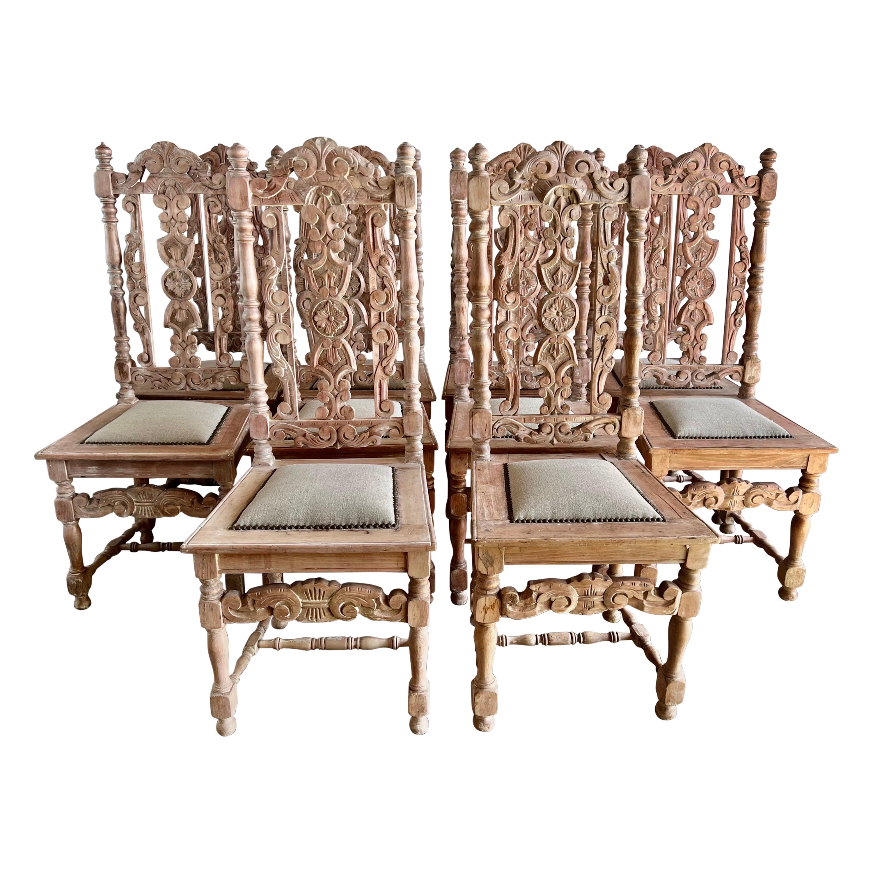 Set of Ten Spanish Walnut Dining Chairs, C. 1900