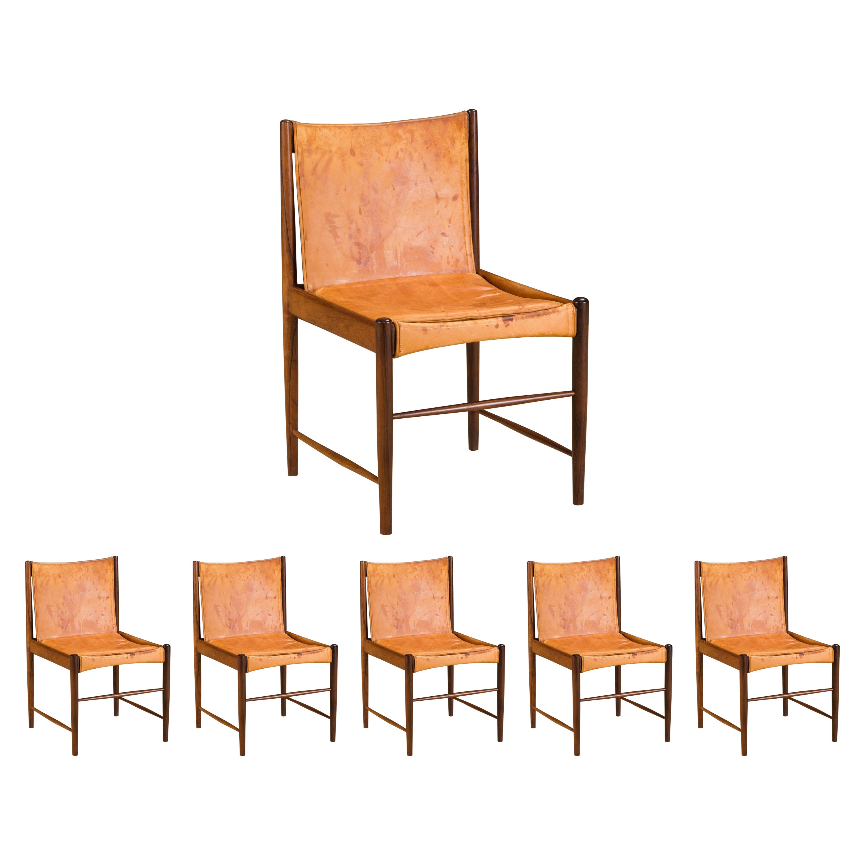 Sergio Rodrigues for Oca Jacaranda & Leather Cantu Chairs, c 1959 Brazil, Signed For Sale