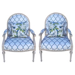 20th Century Carved French Style Chairs In Blue And White Travers Fabric, Pair