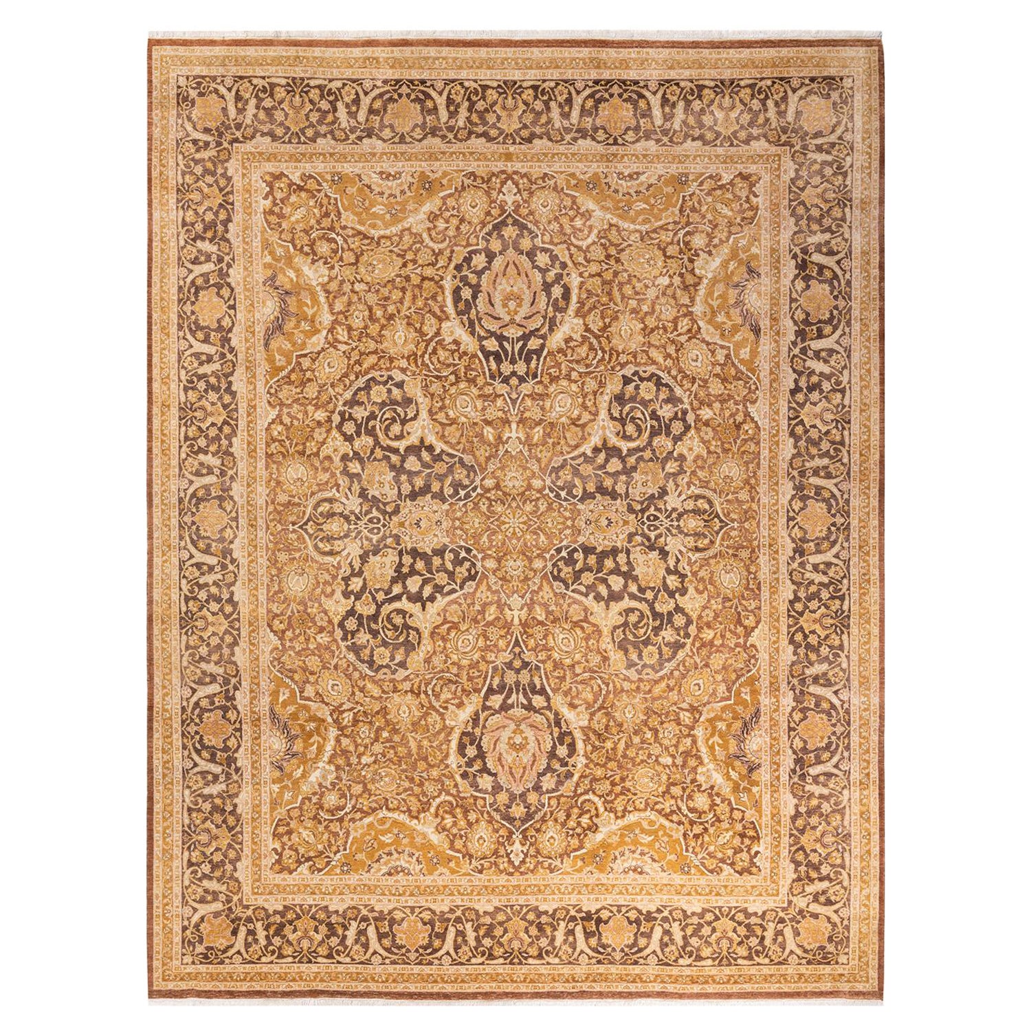 Tapis traditionnel Mogul jaune unique fait à la main, unique en son genre