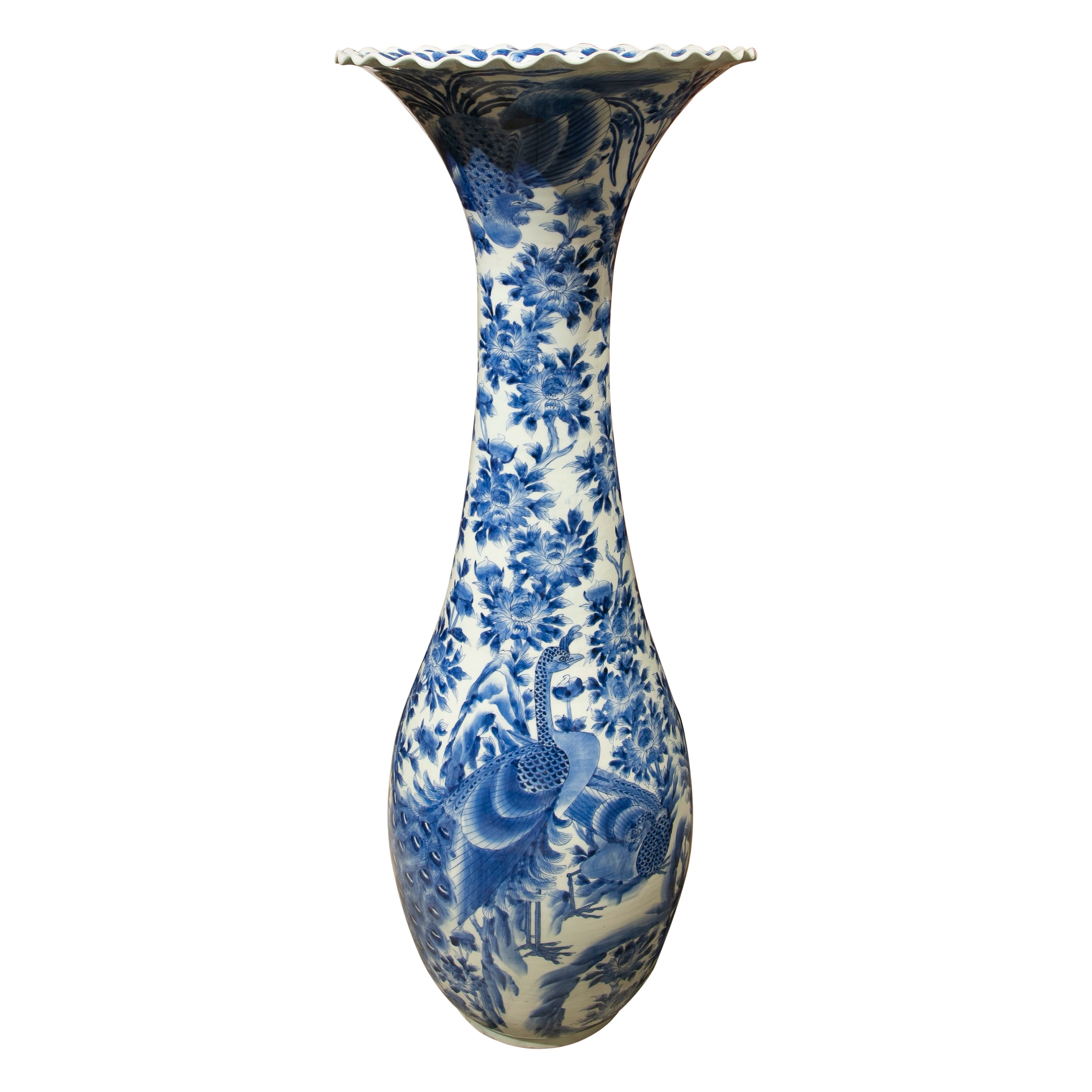 1970s White and Blue Porcelain Floor Vase 