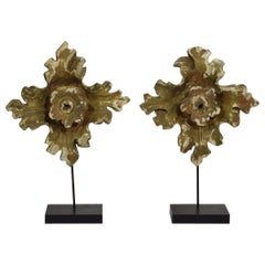 Pair 18th Century Portuguese Baroque Carved Wooden Ornaments