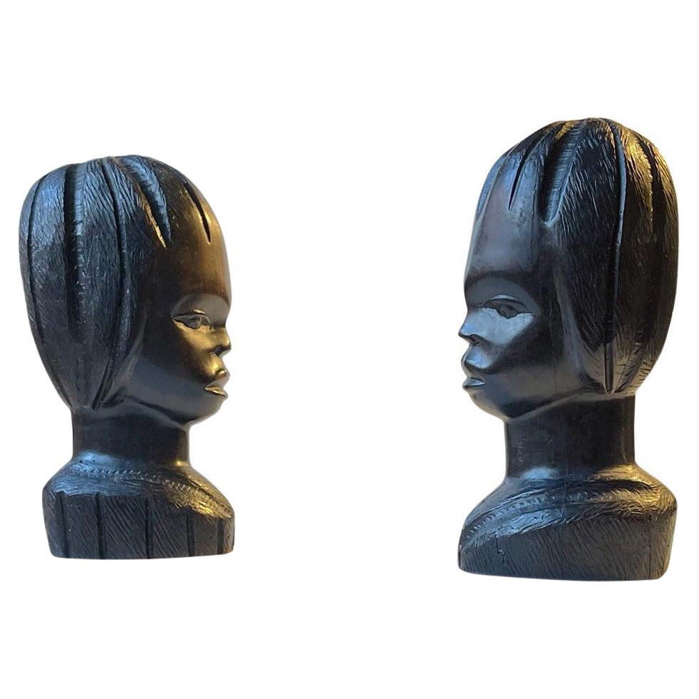 Vintage African Carved Bust's or Bookends Girl & Boy in Ebony, 1970s For Sale