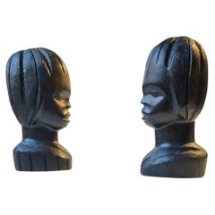 Vintage African Carved Bust's or Bookends Girl & Boy in Ebony, 1970s