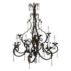 Antique Large French 1920's Patinated Iron & Glass Chandelier