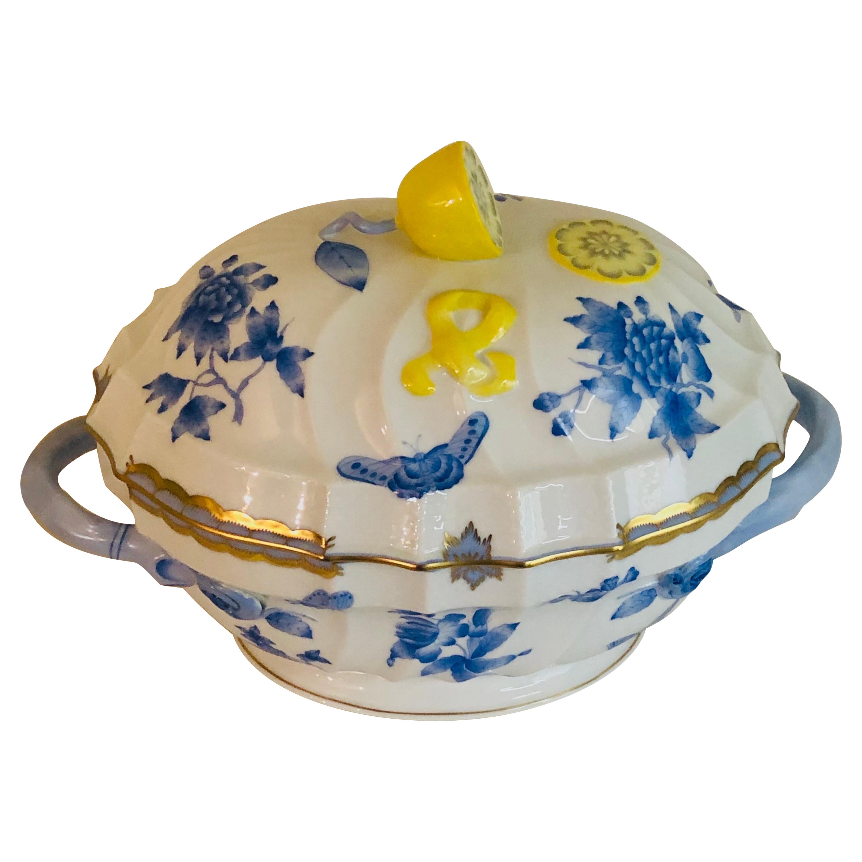 Herend Fortuna Soup Tureen Painted With Butterflies & Flowers & A Lemon on Top