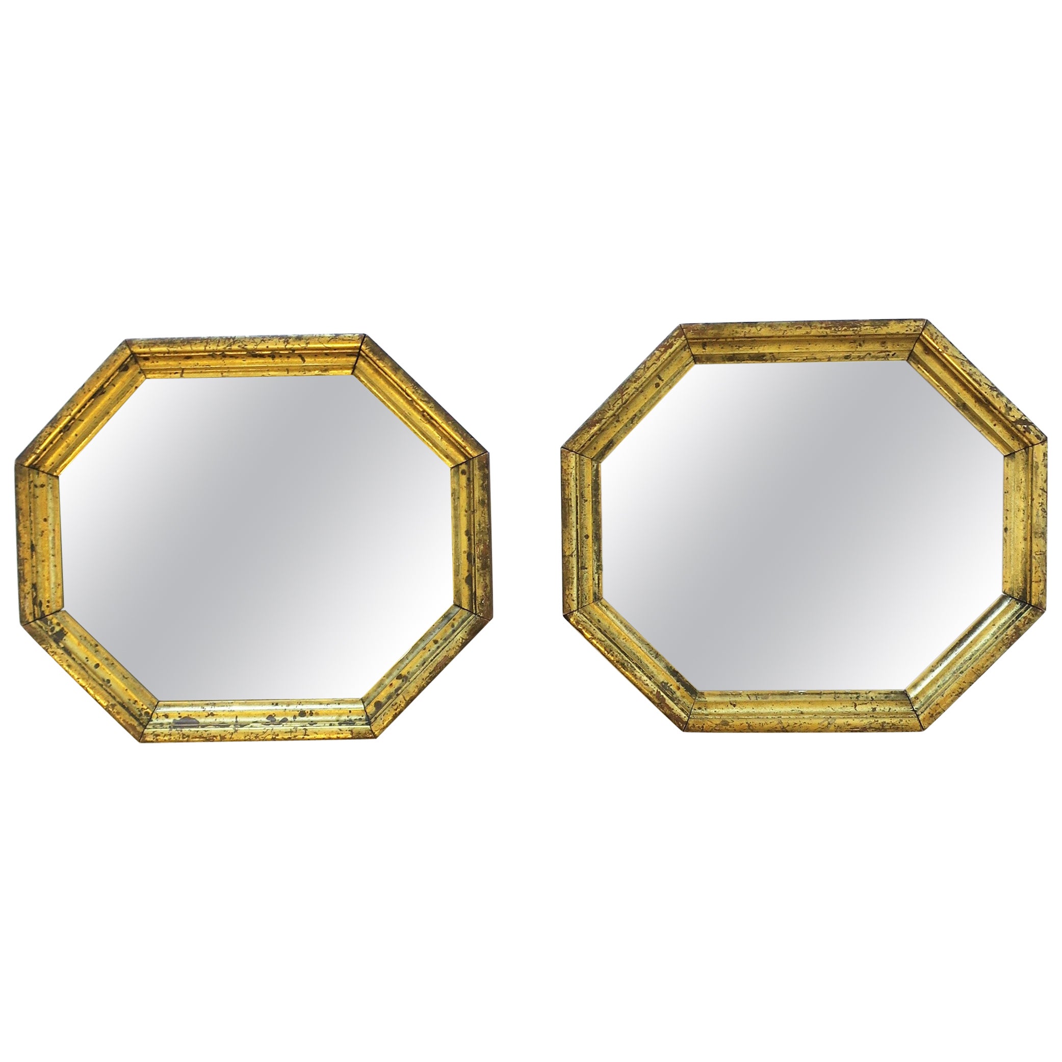 Octagonal Gold Giltwood Framed Wall Mirrors, Pair