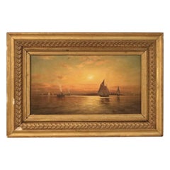 Antique Nautical Seascape Painting with Sailboats & Steam Ships, c1880