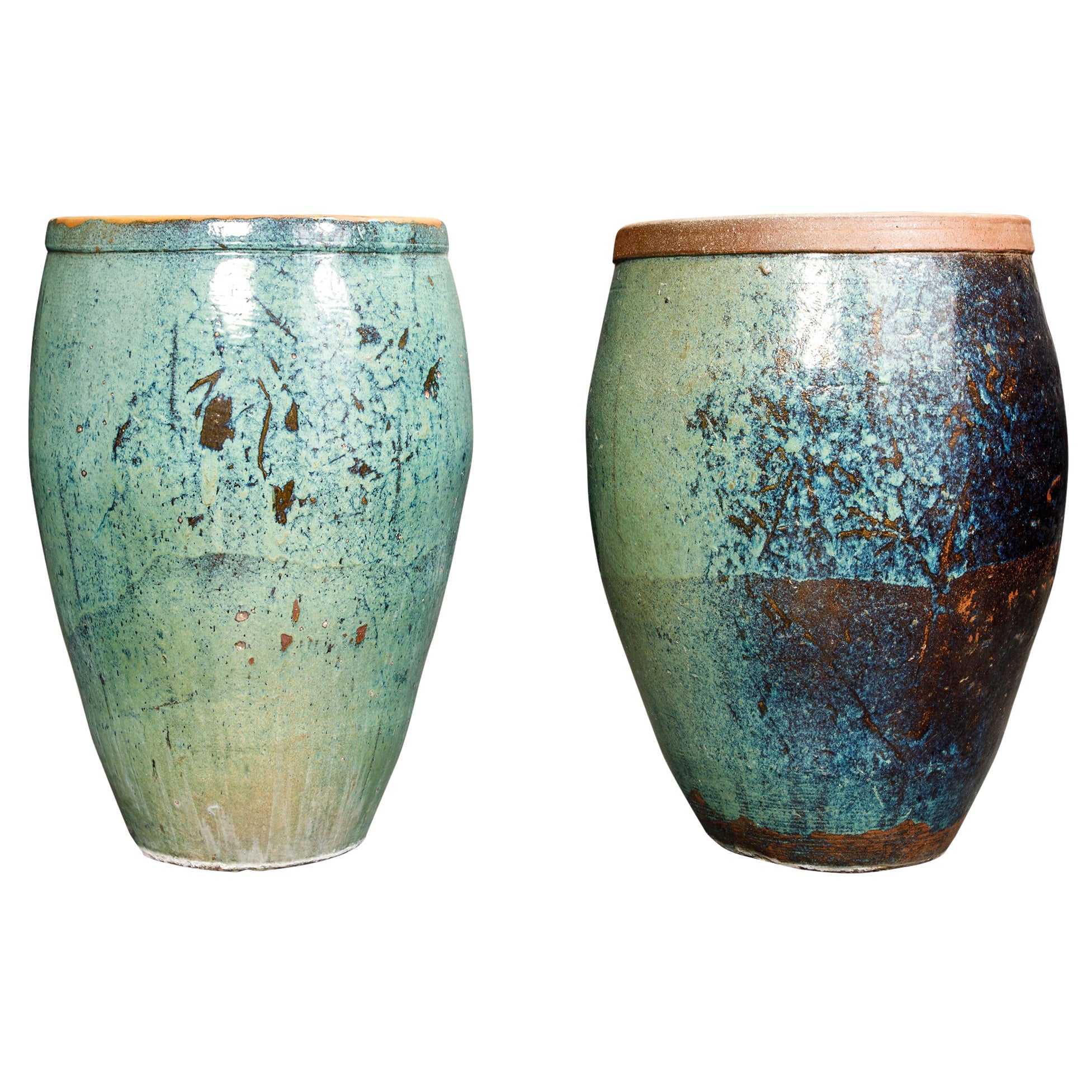 Pair of Monumental 40"+ Tall Teal Blue Glazed Ceramic Planters, circa 1990s