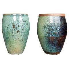 Pair of Monumental 40"+ Tall Teal Blue Glazed Ceramic Planters, circa 1990s