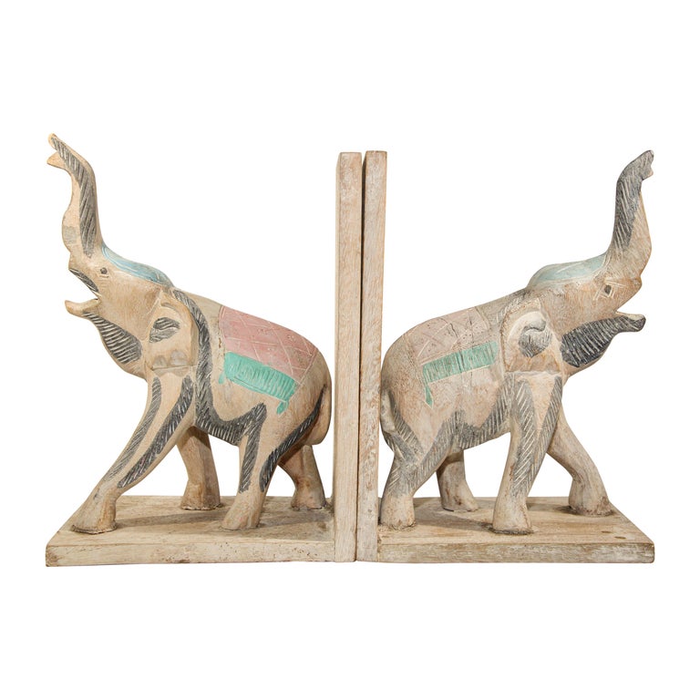 Hand Carved Wooden Elephant Bookends For Sale at 1stDibs