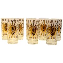 Eight Fred Press Mid- Century White & Gold Celestial Pattern Tom Collins Glasses