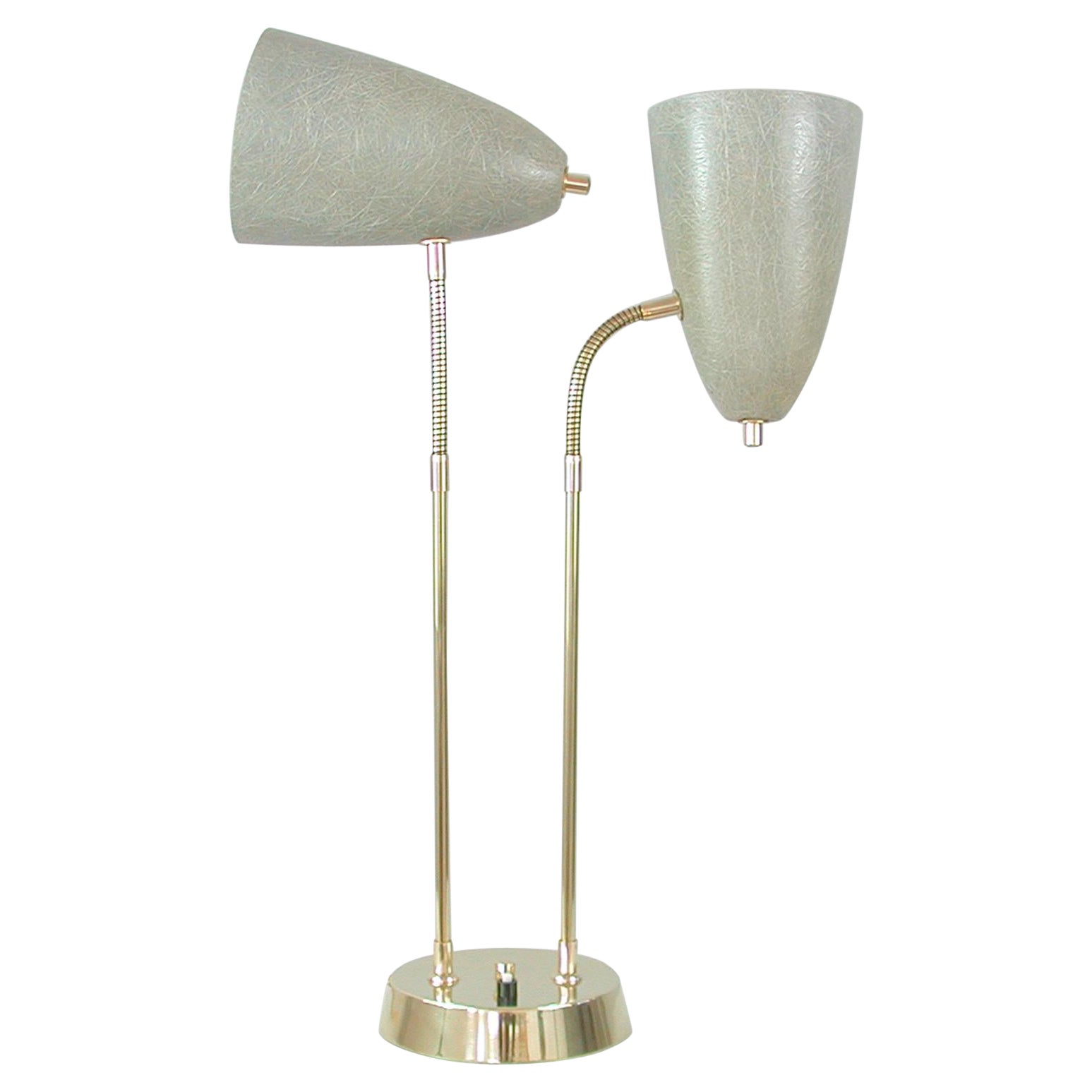 Swedish Mid-Century Double Gooseneck Grey Fiberglass Desk Lamp, 1950s For Sale
