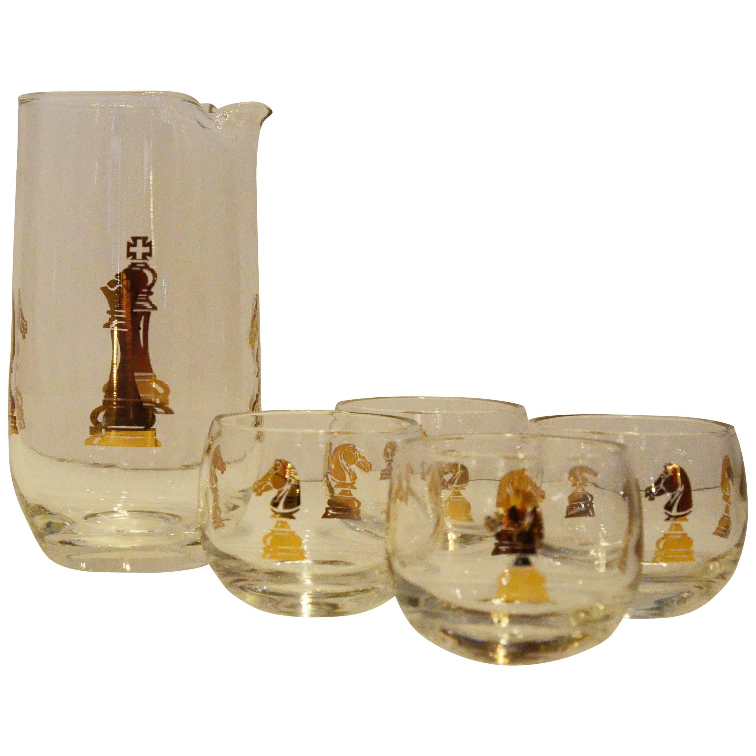 Mid Century Hickok "Checkmate" Pattern Gilt Martini Set of 4 glasses & carafe
