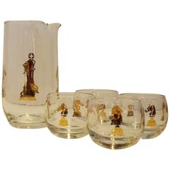 Vintage Mid Century Hickok "Checkmate" Pattern Gilt Martini Set of 4 glasses & carafe