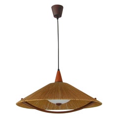 Vintage Mid-Century Temde Raffia Cord, Teak and Perspex Pendant Lamp, Switzerland 1960s