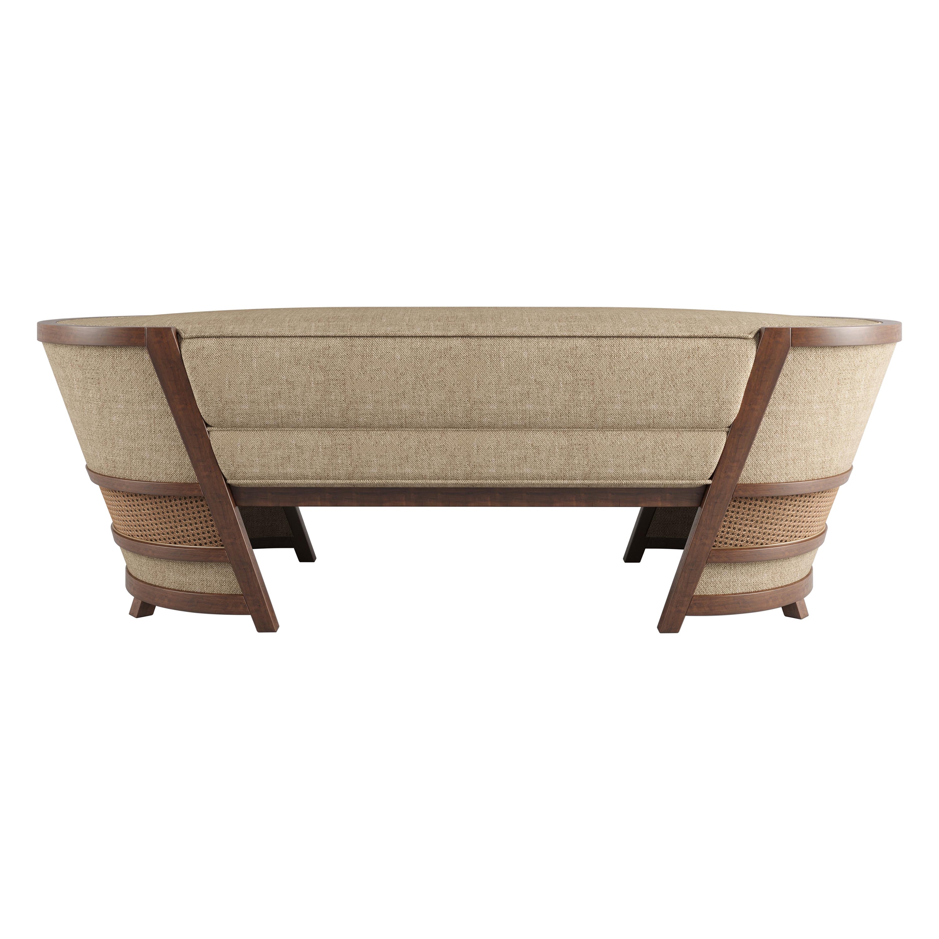 21st Century Lord Bench Walnut Wood Rattan Linen For Sale