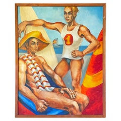 "California Lifeguards," Mid-Century Painting w/ Male Nude in Red, Yellow & Blue