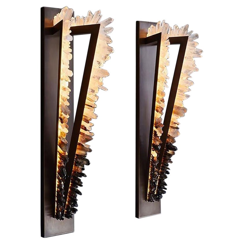 Brass & Smoky Quartz Wall Sconce, Pythagoras Crystal Twin by Christopher Boots For Sale