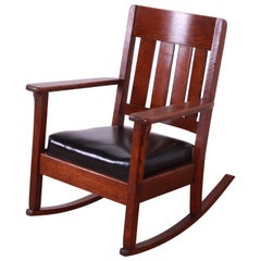 Used Stickley Style Arts & Crafts Oak and Leather Rocking Chair, Circa 1900