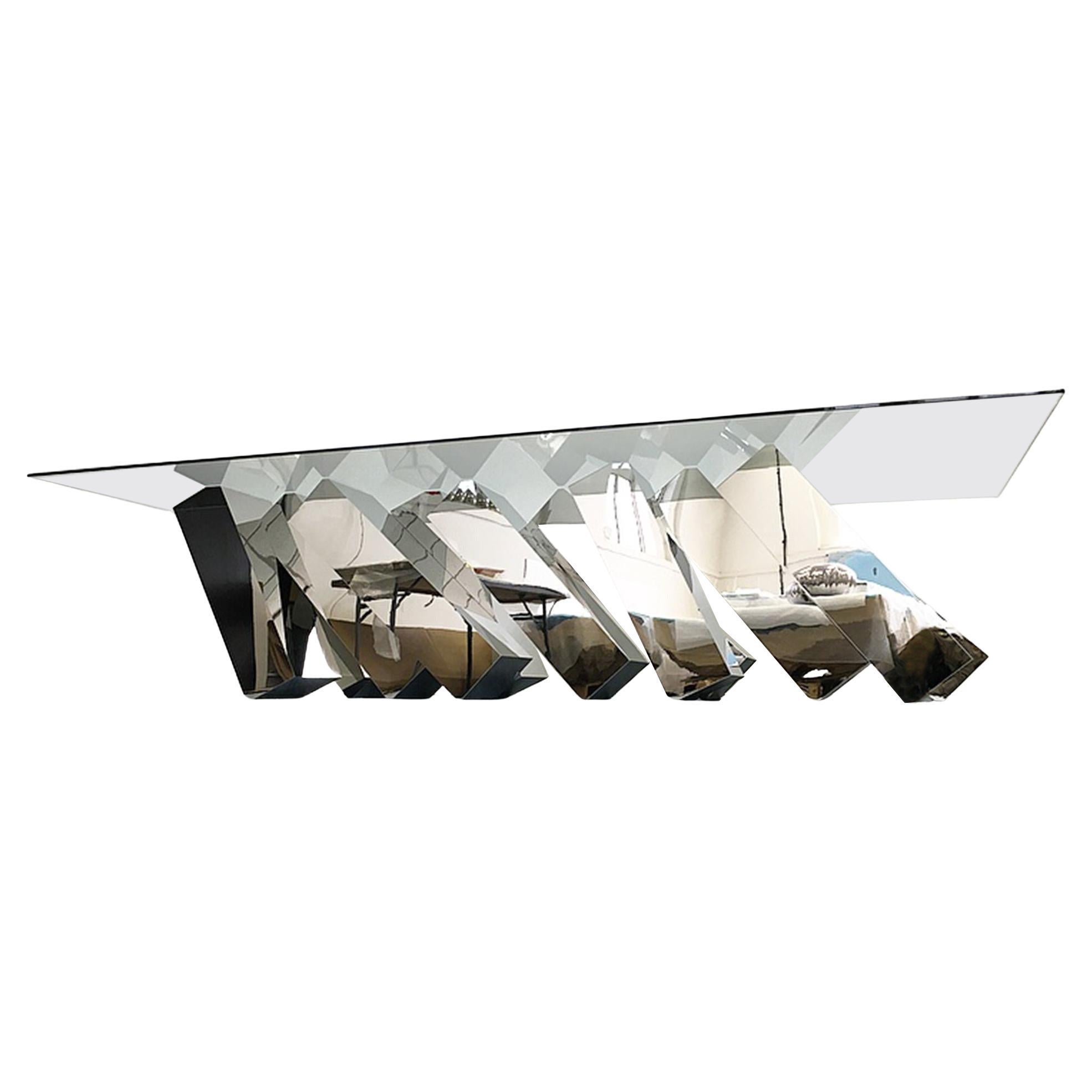 Table de salle à manger polie en acier inoxydable avec miroir