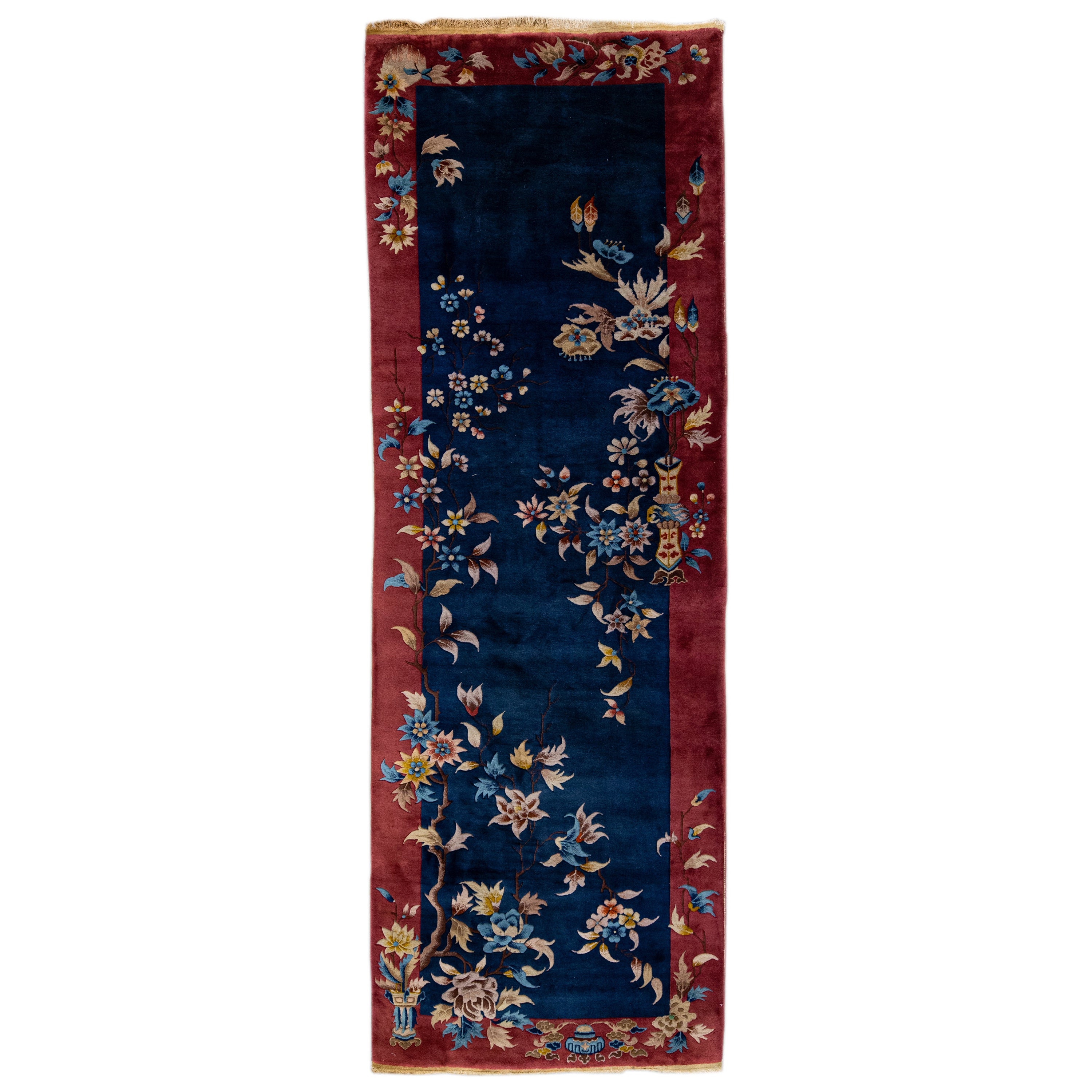 Navy Blue Antique Art Deco Handmade Floral Chinese Wool Runner For Sale
