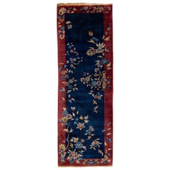 Navy Blue Vintage Art Deco Handmade Floral Chinese Wool Runner
