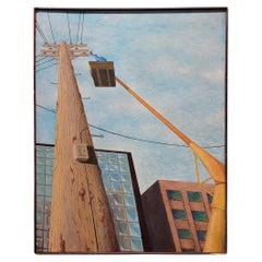 Vintage Industrial Painting with Telephone & Electric Lines
