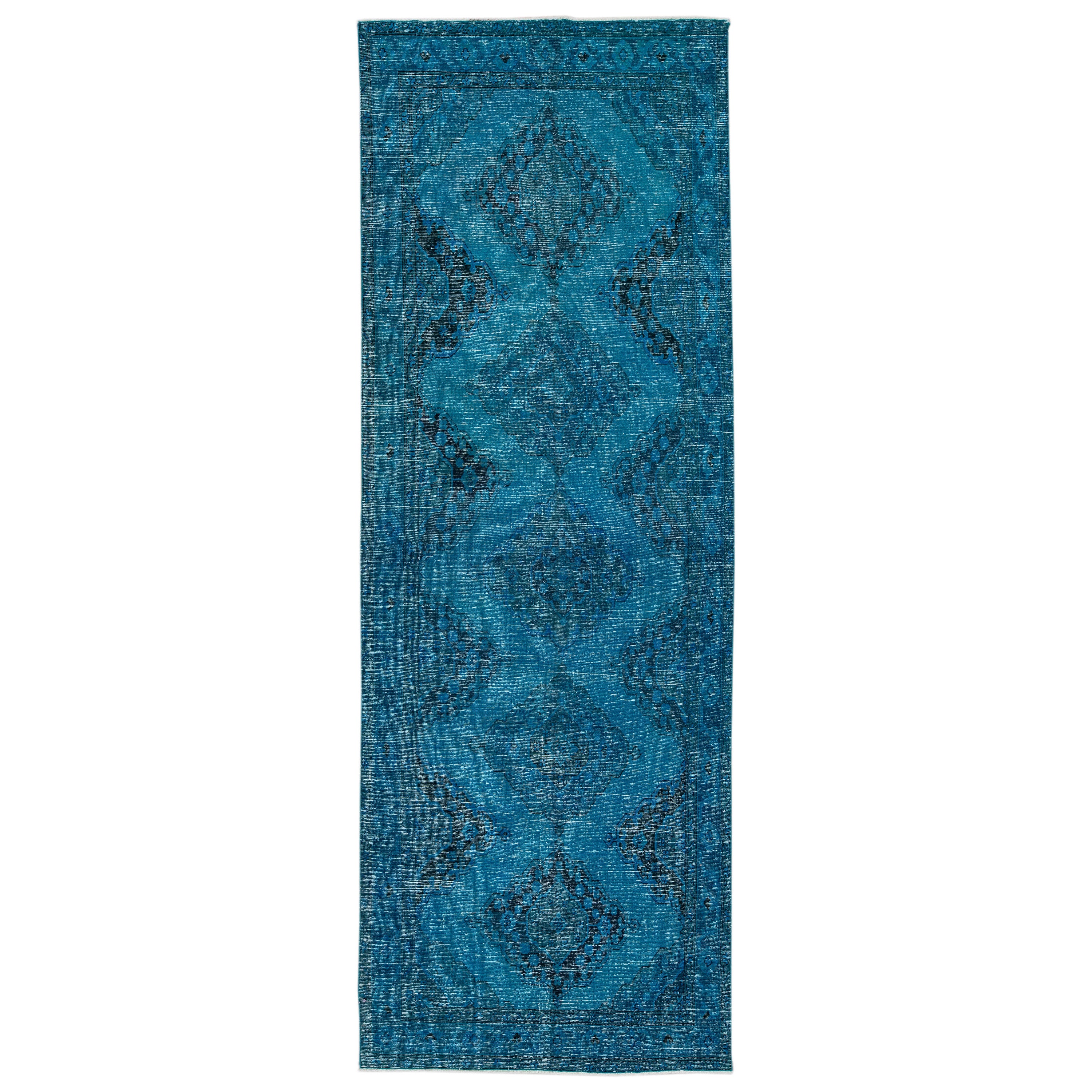 Vintage Overdyed Handmade Teal Wool Runner with Tribal Design For Sale