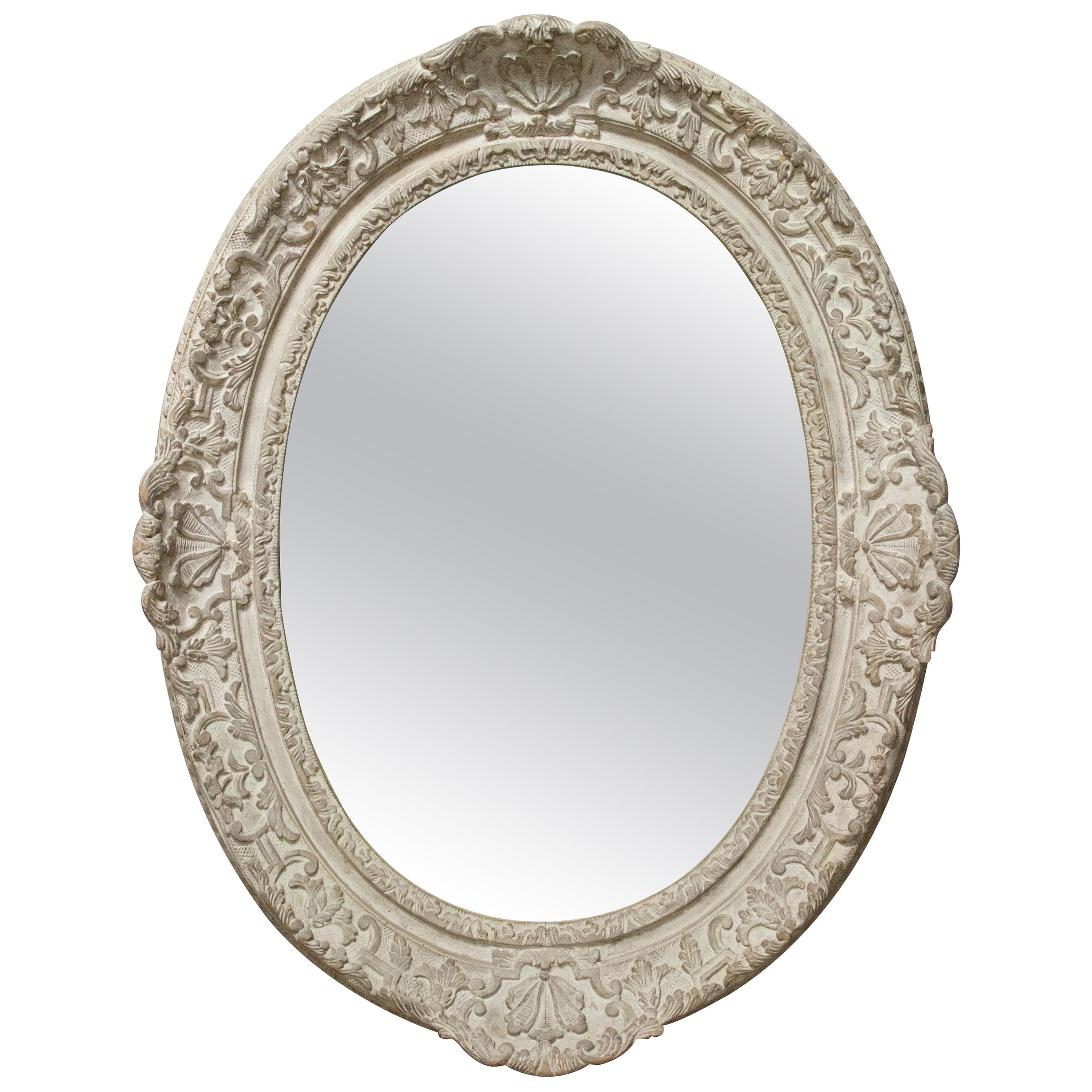 Neoclassical Empire Oval Silver Hand Carved Wooden Mirror, Spain, 1970 For Sale