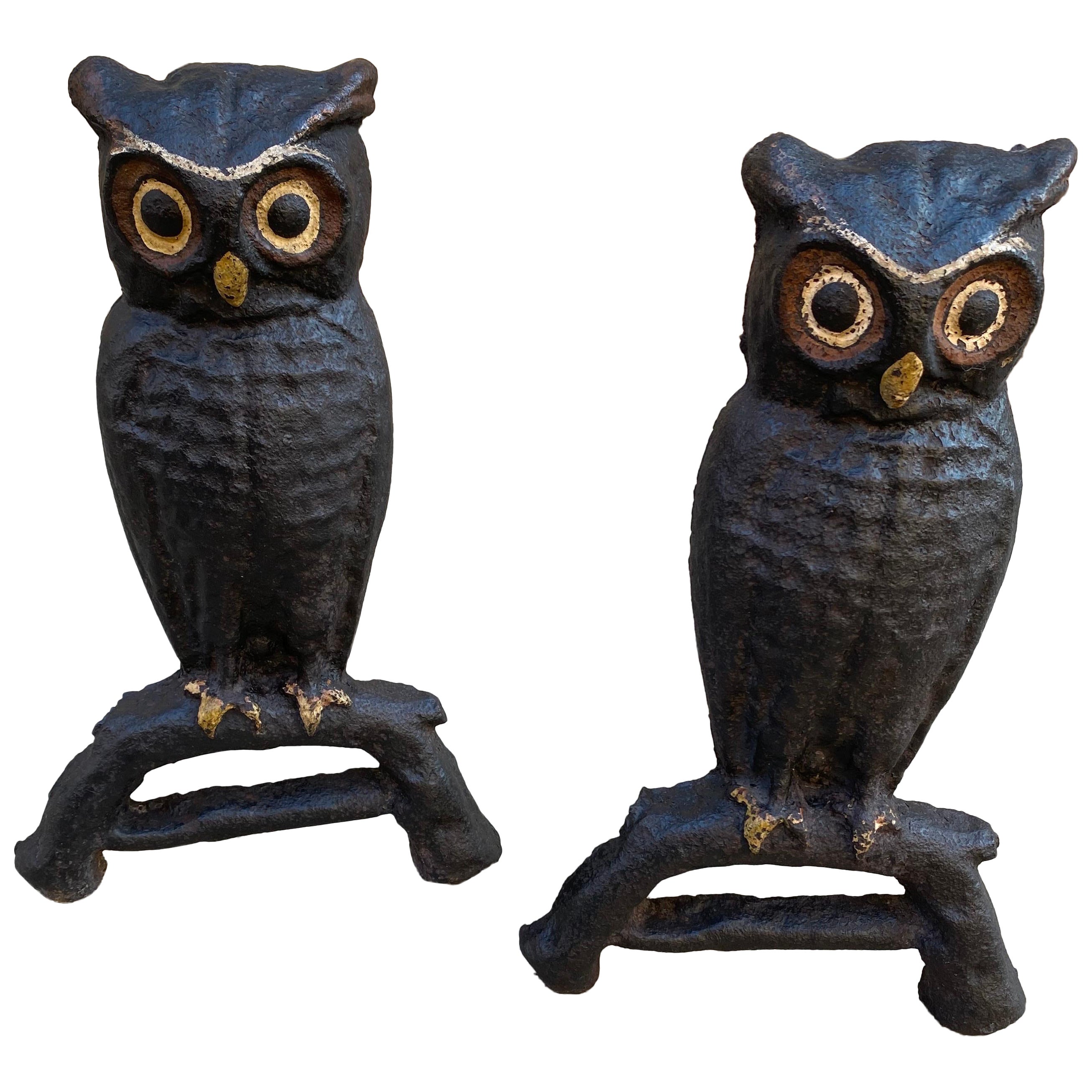 Cast Iron Owl Andirons with Original Paint