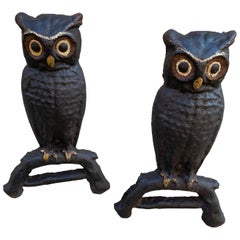 Antique Cast Iron Owl Andirons with Original Paint