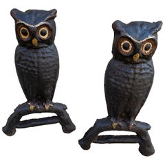 Cast Iron Owl Andirons with Original Paint