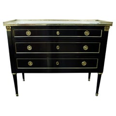 French Louis XVI Style Ebonized Black Commode Dresser, Marble Top, Bronze Mounts