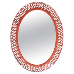 Italian 1950s Orange Painted Oval Wicker Mirror