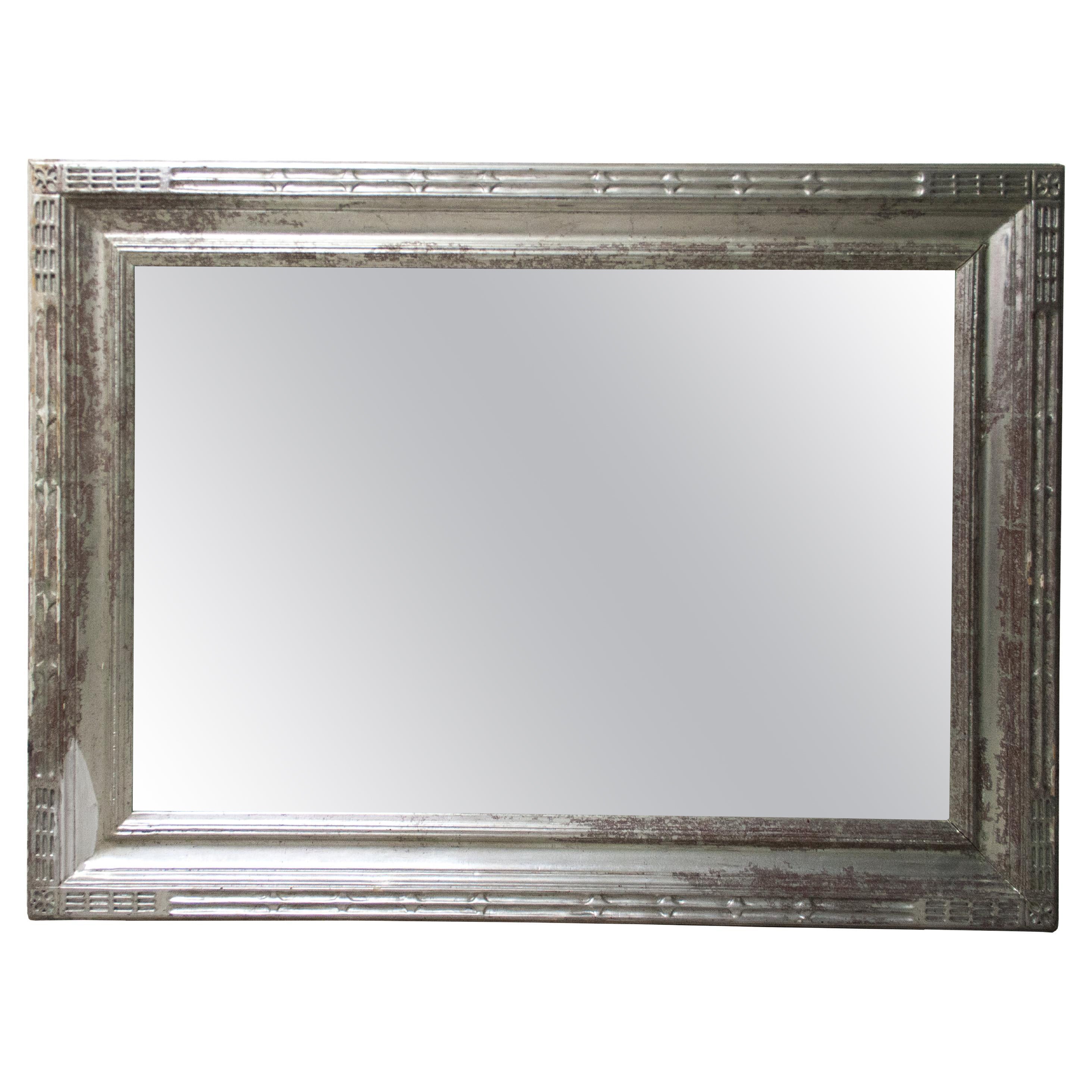 Neoclassical Regency Silver Hand Carved Wooden Mirror, 1970