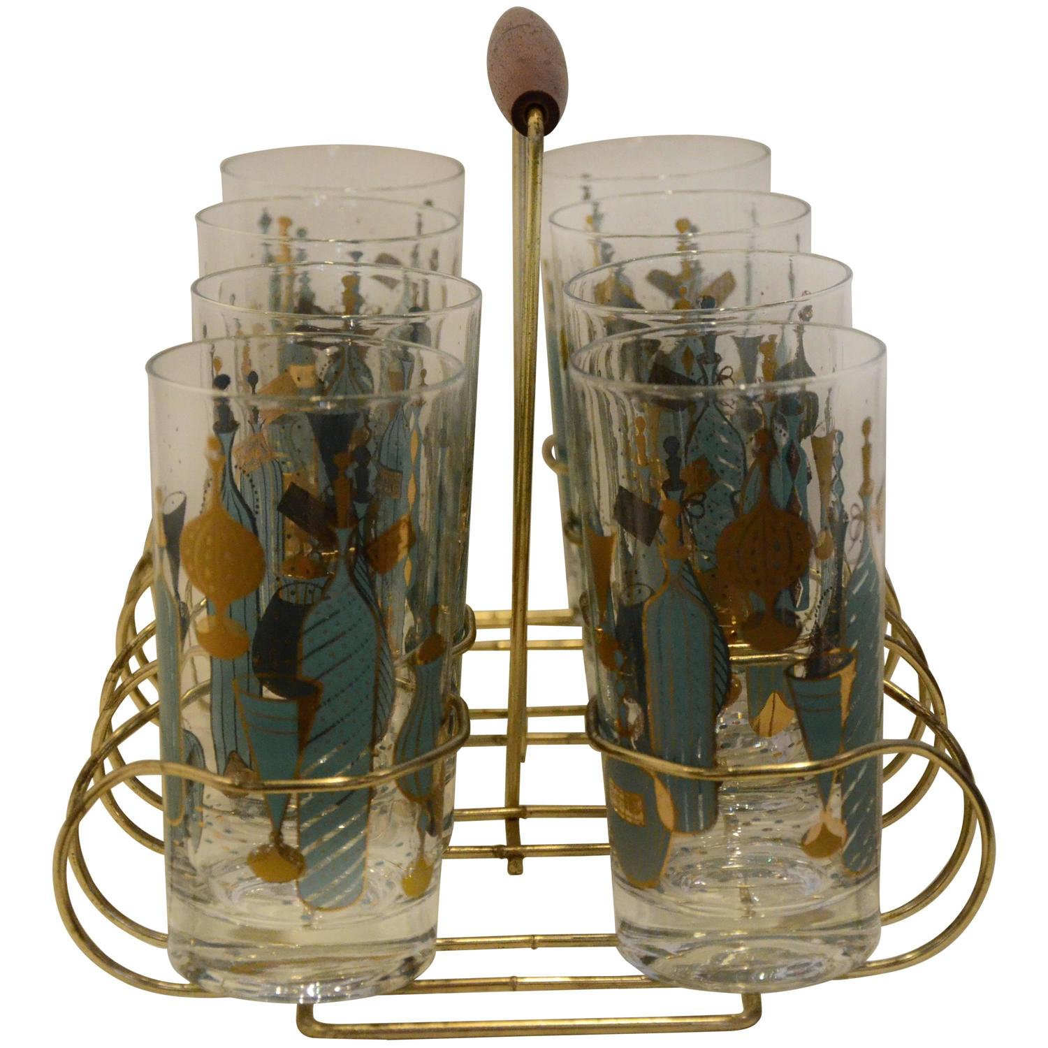 Eight MidCentury Tom Collins Glasses with Exotic Barware Decoration