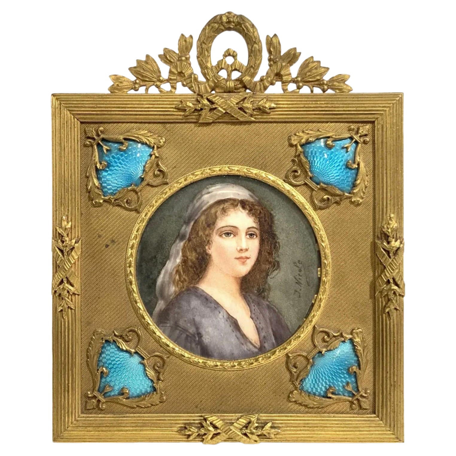 Wonderful French Bronze Enamel Blue Guilloche Miniature Painting Picture Frame  For Sale