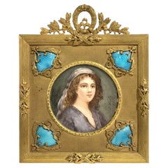 Vintage Wonderful French Bronze Enamel Blue Guilloche Miniature Painting Picture Frame 