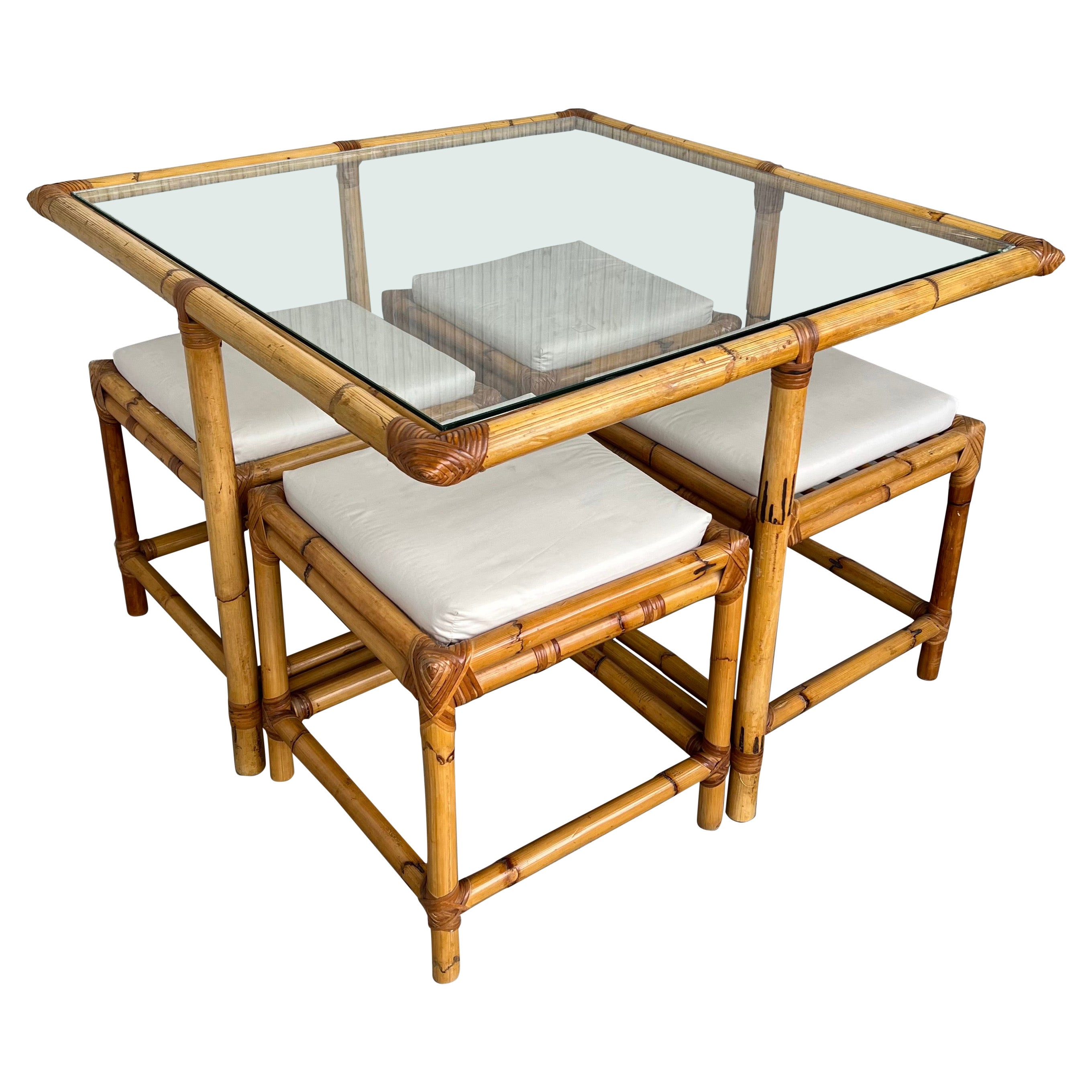 Vintage Square McGuire Style Bamboo and Glass Coffee Table and Nesting Benches