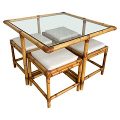 Vintage Square McGuire Style Bamboo and Glass Coffee Table and Nesting Benches